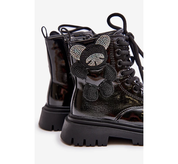 Zateplené dívčí botky s medvídkem na zip lakované černé Relobia