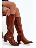 Kožené Kozačky Na Podpatku S Přezkou Zateplené model 21772427 Hnědé - Zazoo