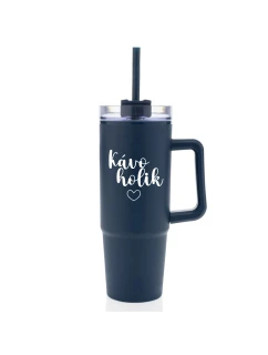 KÁVOHOLIK - modrý cestovní termohrnek s průhledným víčkem 900 ml