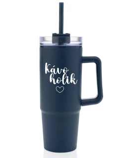 KÁVOHOLIK - modrý cestovní termohrnek s průhledným víčkem 900 ml