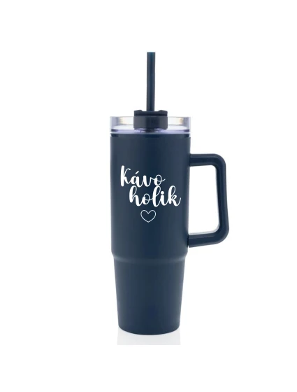 KÁVOHOLIK - modrý cestovní termohrnek s průhledným víčkem 900 ml
