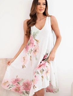 Dámske bavlnené oversize šaty s výstrihom do V a kvetinovou potlačou biele