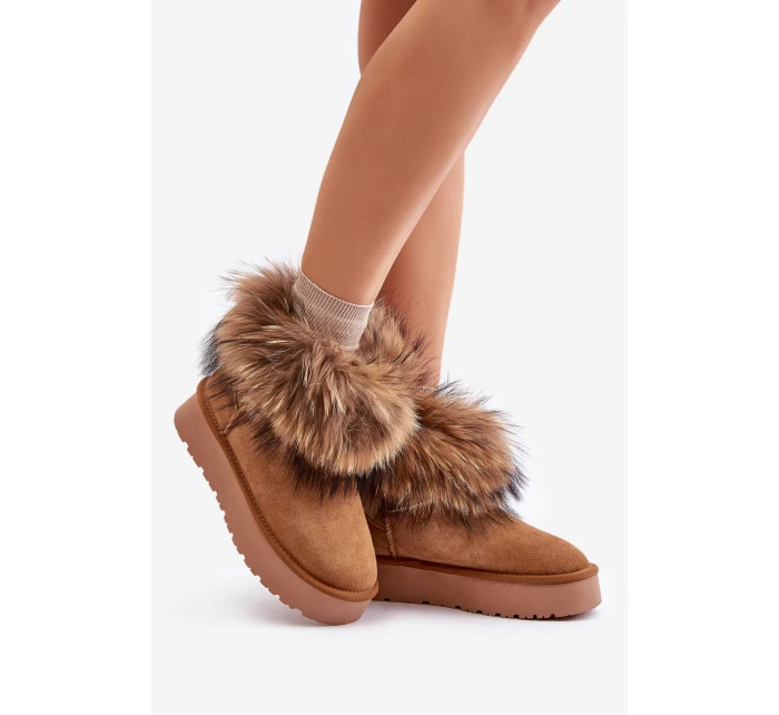 Skórzane Śniegowce Na Platformie Z Futerkiem Camel Avirisa