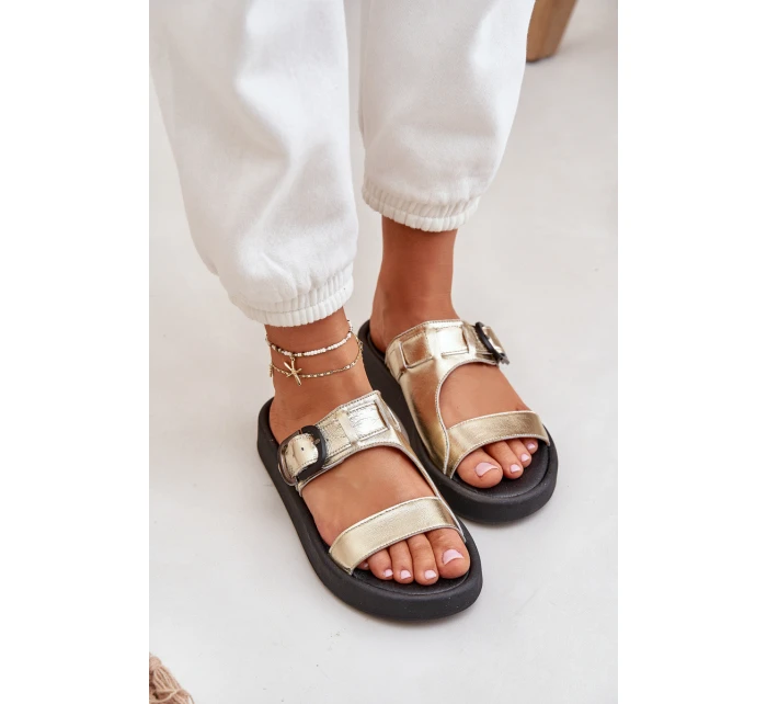 Skórzane Klapki Damskie Na Platformie Zazoo 3024 Złote