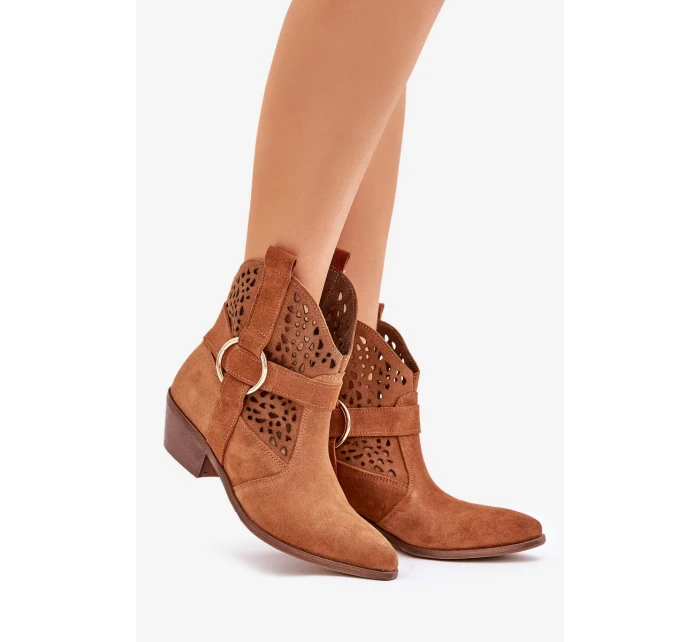 Semišové otvorené kovbojské topánky na podpätku Zazoo 2994 Camel