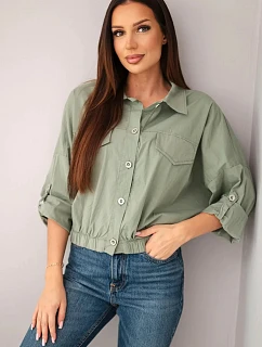 Dámska jarná bavlnená bunda s vreckami a sťahovacím pásom v khaki farbe