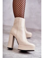 Skórzane Gładkie Botki Na Słupku Beżowe Kaysa Skórzane Gładkie Botki Na Słupku Beżowe Kaysa