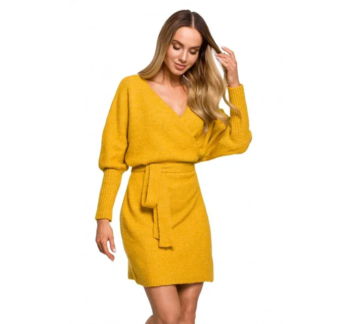 M631 Zavinovacie svetrové šaty s viazaním - medové M631 Zavinovacie svetrové šaty s viazaním - medové