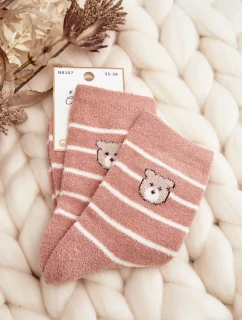 Dámské teplé pruhované ponožky s medvídkem, růžové