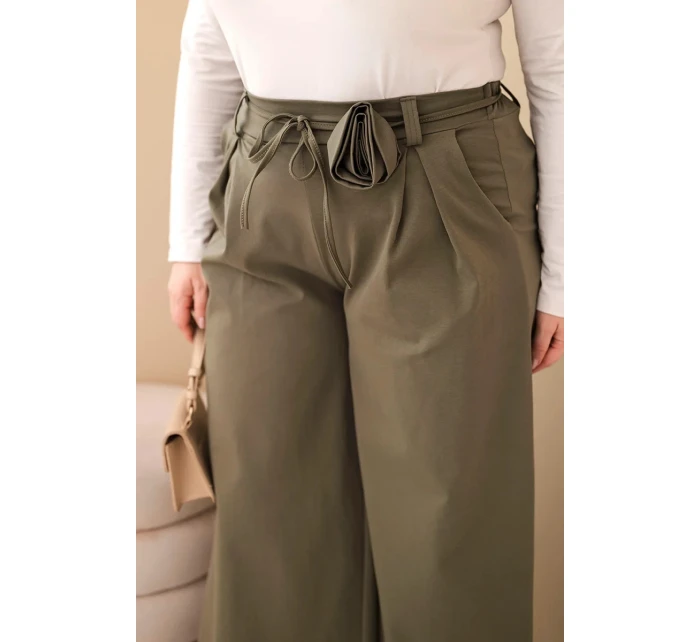 Plus veľkosť dámske široké nohavice s ozdobným kvetom v páse Khaki
