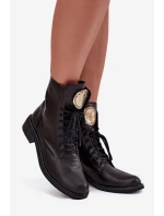 Skórzane Botki Damskie Na Płaskim Obcasie Ze Złotym Detalem Zazoo 3084 Czarne Skórzane Botki Damskie Na Płaskim Obcasie Ze Złotym Detalem Zazoo 3084 Czarne