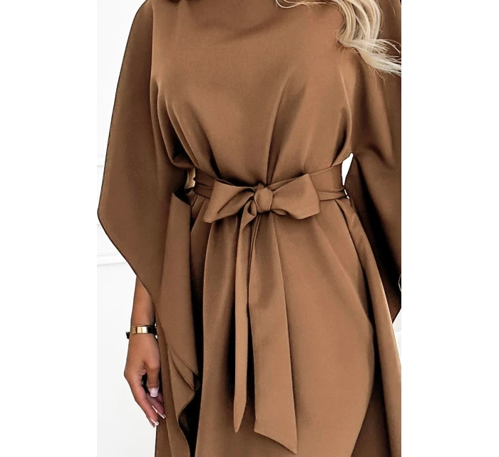 287-39 SOFIA Motýlie šaty so zaväzovaním v páse - cappuccino 287-39 SOFIA Motýlie šaty so zaväzovaním v páse - cappuccino