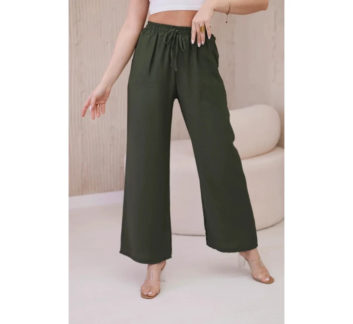 Viskózové nohavice so širokými nohavicami khaki