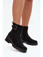 Ocieplane Botki Damskie Na Niskim Obcasie Klocku Z Klamrą Czarne  Helvina