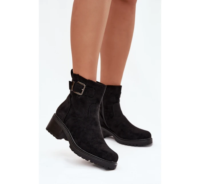 Ocieplane Botki Damskie Na Niskim Obcasie Klocku Z Klamrą Czarne  Helvina