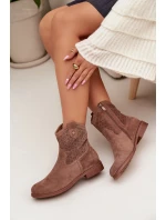 Dámské kotníkové boty na nízkém podpatku s krajkovým vzorem model 22007421 Hnědé - S.Barski
