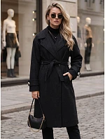 Dlhý dámsky kabát s viazaním v pase, čierny, FashionStreet NY0809 Dlhý dámsky kabát s viazaním v pase, čierny, FashionStreet NY0809