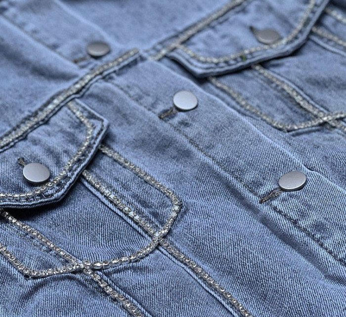 Svetlo modrá dámska džínsová denim bunda so zirkónmi (T2861)