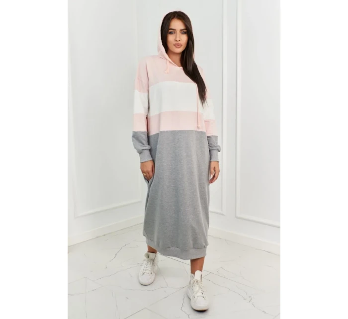 Trikolórne šaty s kapucňou púdrovo ružová + ecru + šedá Trikolórne šaty s kapucňou púdrovo ružová + ecru + šedá