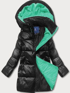Čierno-zelená voľná dámska bunda z ekologickej kože (AG6-21)