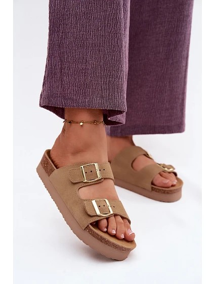 Kožené semišové dámské sandály na platformě s přezkami Vinceza Béžové