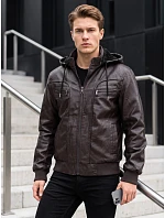 Kurtka męska skórzana z kapturem brązowa model 22358270 - FashionStreet Kurtka męska skórzana z kapturem brązowa model 22358270 - FashionStreet