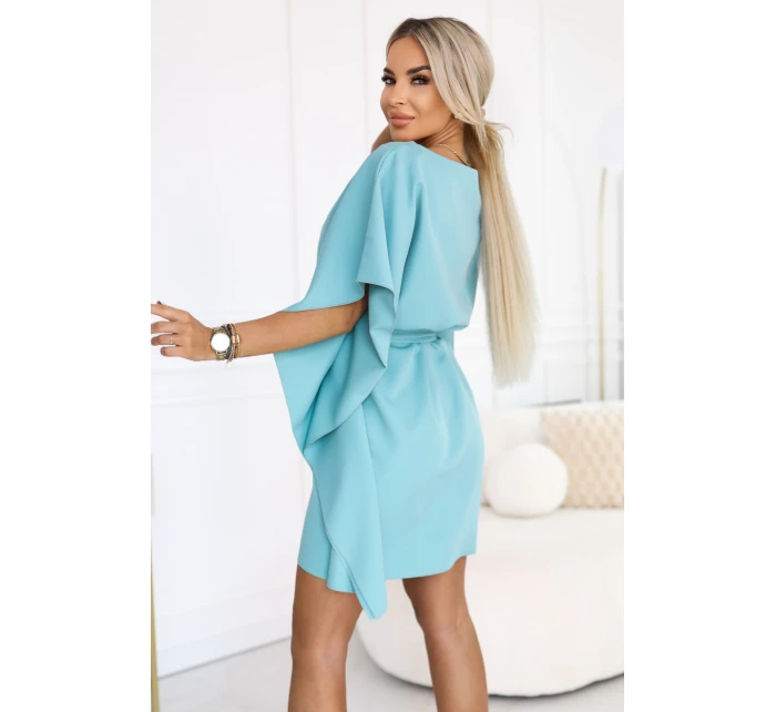 model 22015591 SOFIA Motýlí šaty se zavazováním v pase pastelově tyrkysové - numoco