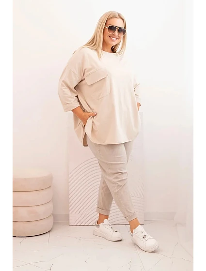 Dámská blůza Plus Size s bavlnou, kapsou a ohrnutým rukávem béžová Dámská blůza Plus Size s bavlnou, kapsou a ohrnutým rukávem béžová