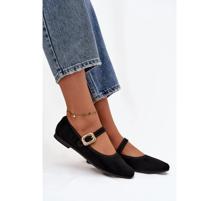 Baleríny s páskem a zlatým sponou Eko semišové Černé Adelora