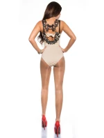 Dámske sexy body s háčkovanými ramienkami a kamienkami 9172 Béžová s čiernou - KouCla