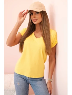 Dámska bavlnená blúzka s véčkovým výstrihom a krátkymi rukávmi žltá