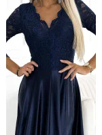 AMBER Tmavě modré dlouhé dámské šaty s výstřihem model 19006822 - numoco
