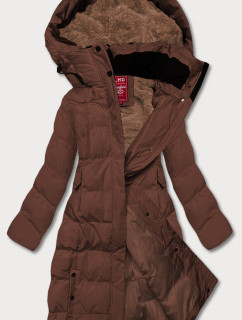 Dlhá hnedá dámska zimná bunda s kožušinovou podšívkou (2M-025)