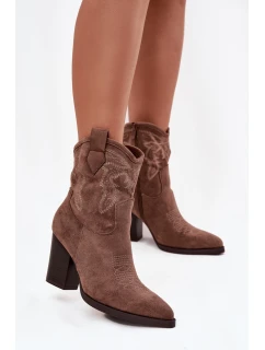 Botki Kowbojki Damskie Na Słupku Eko Zamszowe Ciemnobeżowe Carissa