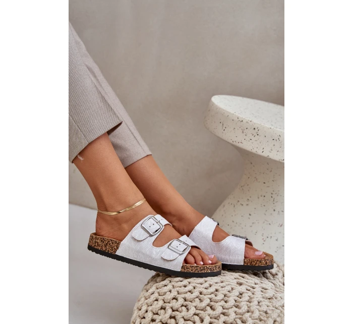 Materiałowe Klapki Na Korkowej Podeszwie Z Klamrami Jasnoszare Atera Materiałowe Klapki Na Korkowej Podeszwie Z Klamrami Jasnoszare Atera