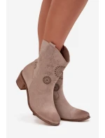 Zamszowe Skórzane Botki Damskie Ażurowe Na Obcasie Zazoo 3844 Cappuccino