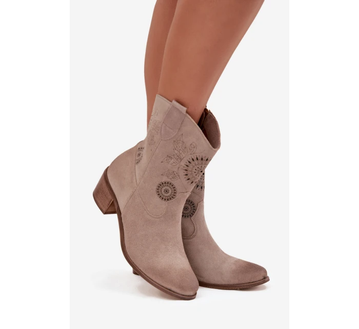 Zamszowe Skórzane Botki Damskie Ażurowe Na Obcasie Zazoo 3844 Cappuccino