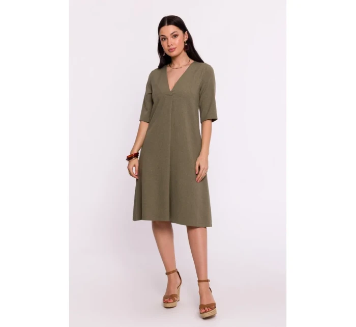 B280 Šaty s výstrihom do V - olivovo zelené