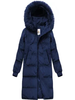 Dámska zimná manšestrová bunda s kapucňou tmavomodrá (7763)