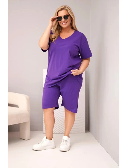 Dámská bavlněná souprava Plus Size s halenkou a šortkami fialová Dámská bavlněná souprava Plus Size s halenkou a šortkami fialová