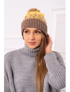 Dámska čiapka s brmbolcom Abigail K326 cappuccino+yellow
