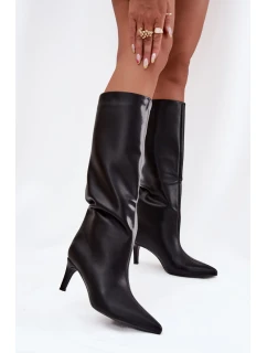 Dámské nazouvací zateplené kozačky na podpatku černé olivové