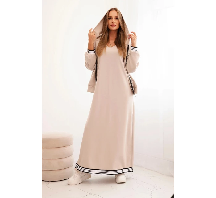 Dámsky viskózový set s otvorenou mikinou a dlhou sukňou béžovej farby