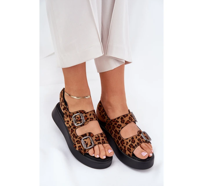 Sandały Damskie Na Platformie I Koturnie Z Klamrami Panterka Brązowe Genorre Sandały Damskie Na Platformie I Koturnie Z Klamrami Panterka Brązowe Genorre