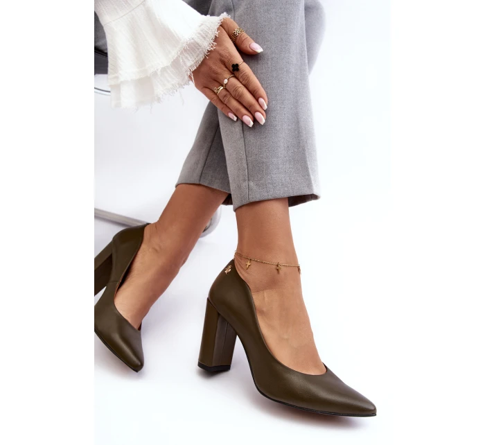 Skórzane Czółenka Na Słupku Laura Messi 2624/227 Ciemnozielone