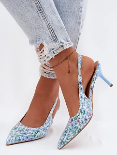 Ozdobené dámské sandály na jehlovém podpatku s květinovým vzorem modré model 22103131 - Boto