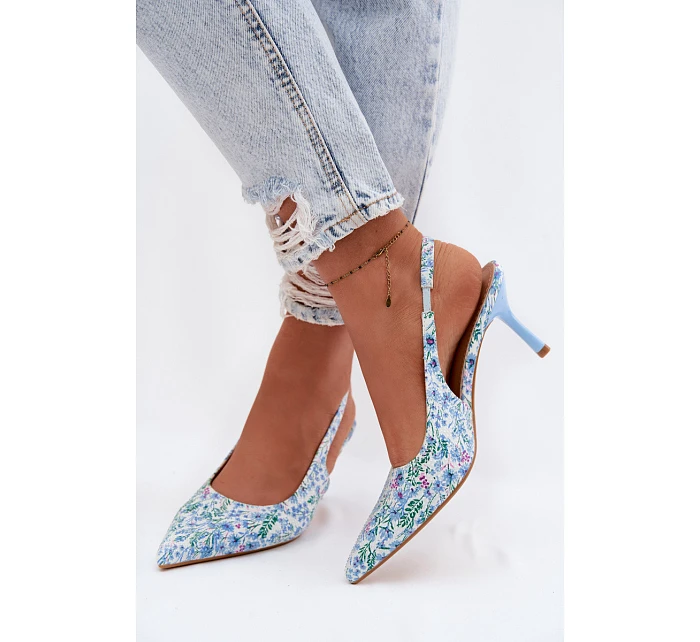 Ozdobené dámské sandály na jehlovém podpatku s květinovým vzorem modré Olivelle