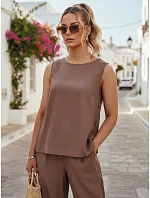 Dámsky ľanový komplet s nohavicami Poľský výrobok taupe FashionStreet AY1176 Dámsky ľanový komplet s nohavicami Poľský výrobok taupe FashionStreet AY1176