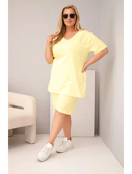 Dámský bavlněný komplet Plus Size s halenkou a šortkami žlutý