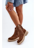 Zazoo 3470 Zamszowe Botki Damskie Na Płaskim Obcasie Ażurowe Brązowe